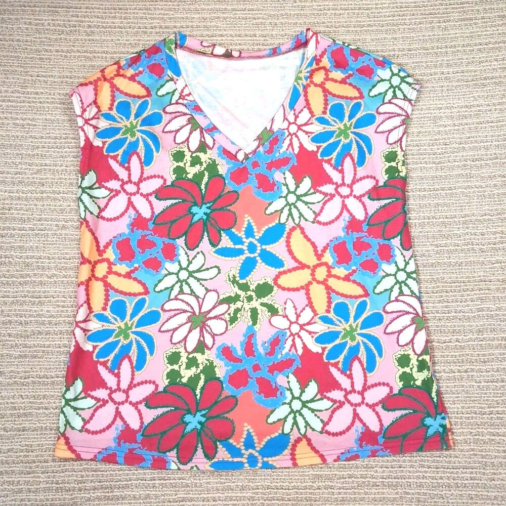 Womens Floral V Neck Top Sleeveless Colorful Bright Summer Casual Shirt Blouse M